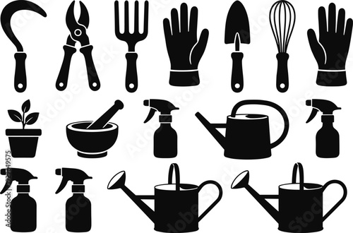 Black silhouette icons featuring essential gardening tools including watering cans spray bottles gloves shears and trowels for home garden maintenance projects.