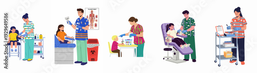 Healthcare professionals taking blood samples from children, illustrating medical testing, pediatric care, and phlebotomy procedures in a clinic or hospital setting.