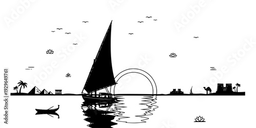 Nile River Felucca Sailing Silhouette Scene