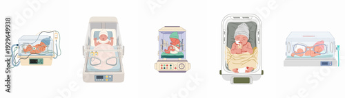 Vector illustrations of premature and newborn babies receiving intensive medical care in hospital incubators with support devices.