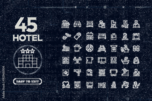 Modern Hotel and Hospitality Line Icon Set on Dark Background