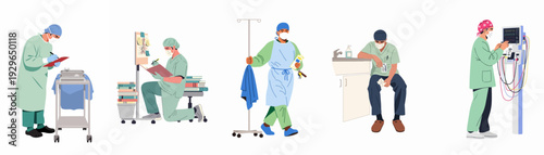 Healthcare professionals performing diverse medical tasks in a hospital setting, illustrating various roles and duties.