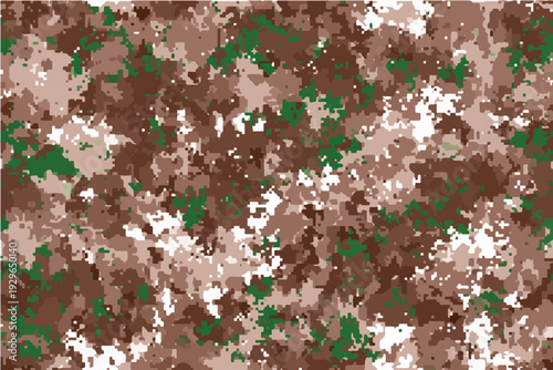 Digital camouflage pattern in earth tones, with shades of brown and green, and hints of white and dark beige.Perfect for military designs, tactical backgrounds, outdoor gear.