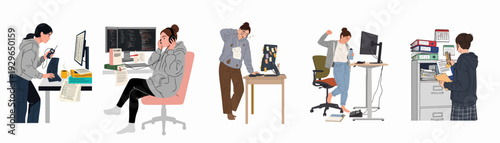 Woman working at home and office, experiencing various work-related tasks and emotions like stress, focus, and exhaustion, illustrating modern professional challenges.