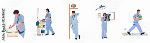 Healthcare Professionals in Various Roles: Doctors and Nurses Engaged in Daily Hospital Tasks, Patient Care, Diagnostics, and Administrative Duties