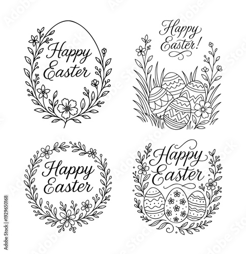 Happy Easter floral wreath and egg illustrations in elegant line art style. Decorative spring holiday collection with hand drawn botanical elements.
