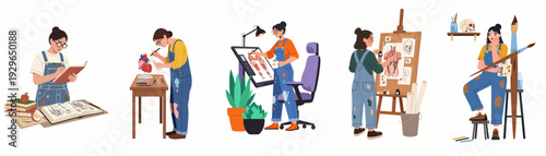 Female artist studying and illustrating human anatomy through various artistic and academic methods, from traditional drawing to digital art.