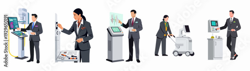 Professionals operating advanced medical and scientific equipment, showcasing healthcare technology, research, and diagnostic processes in a modern, innovative laboratory or clinical setting.