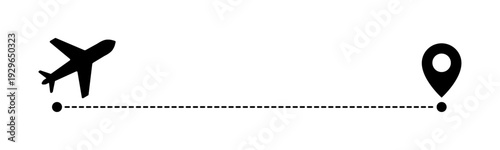 Airplane flying to destination location pin with dashed line path