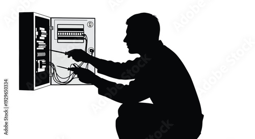 Professional electrician vector illustration working on an open electrical panel using screwdrivers for maintenance.