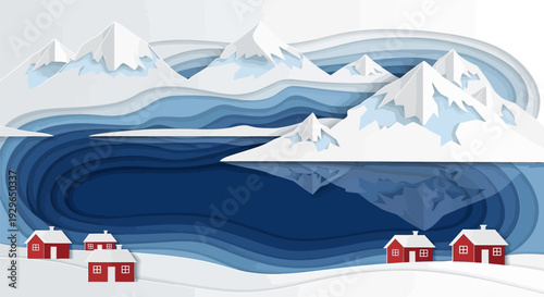 Winter landscape with red houses and snowy mountains.