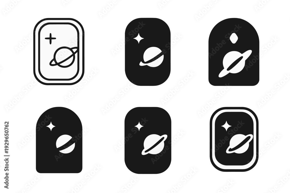 Obraz premium Futuristic Travel Logos. Space tourism and futuristic travel experiences. Icon set. Set Logo of space tourism and futuristic travel experiences: panoramic