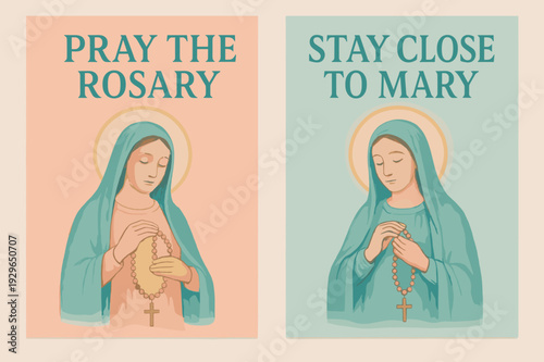 Rosary Prayer Banners. Our Lady of the Rosary. Two vertical A6 banners with safe margins, centered composition, no elements touching edges, pastel, coral and