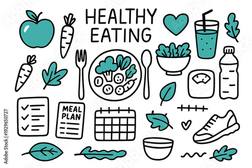 Healthy Eating Doodles. // Healthy eating. Hand-drawn doodle illustration healthy eating [plate with veggies (accented), fork, spoon, apple (accented), carrot,