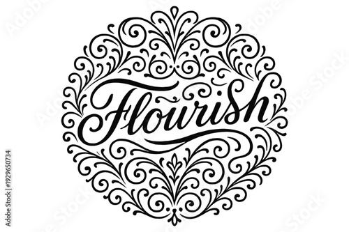 Flourish Lettering Art. Flourish Lettering with swashes and curls, circular composition, symmetrical decorative patterns, transparent background