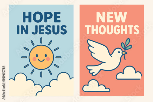 Hope and New Thoughts. Hope in Christ. Two vertical A6 banners with safe margins, centered composition, no elements touching edges, cartoon, sky blue and