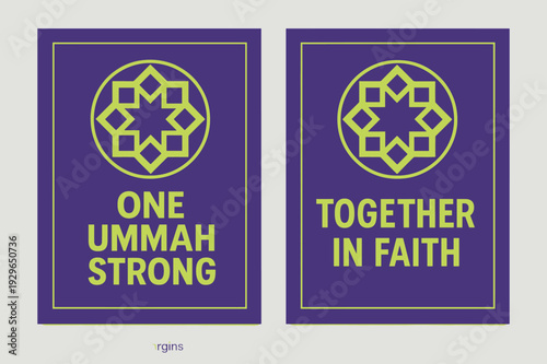 Unity and Faith Banners. Unity & Strength. Two vertical A6 banners with safe margins, centered composition, no elements touching edges, geometric, royal purple