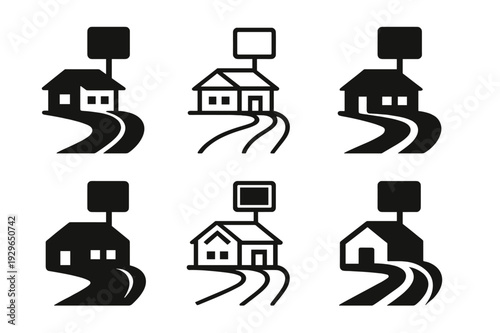 Scenic Road Trip Icons. Road trips and scenic drives. Icon set. Set Logo of Road trips and scenic drives: roadside motel icon. harmonious logo variations of