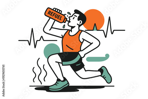 Runner's Hydration Moment. Sports Bottle After Run. Steam rises from the pavement; a runner tips a cold bottle, droplets arc ?Refuel.? Heartbeat lines soften