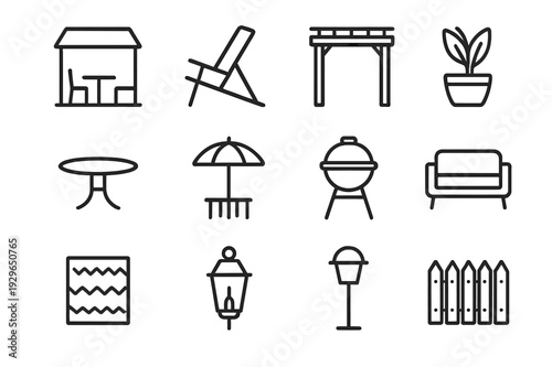 Outdoor Living Icons. Outdoor Living Spaces. Line icon set of Outdoor Living Spaces: patio, deck chair, pergola, potted plant, outdoor table, umbrella, grill,