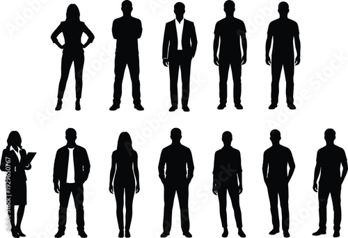 Diverse Professional Business People Silhouettes Collection, Group of Standing Corporate Characters Isolated on White Background for Modern Office Design Project