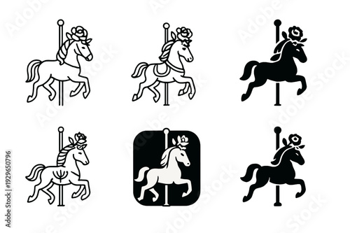 Carousel Logo Variations. May day at an amusement park. Icon set. Set Logo of May day at an amusement park: carousel horse with flower crown. harmonious logo