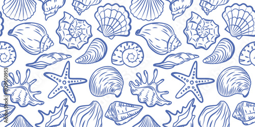 Seashells, Starfish, Mediterranean Seamless Pattern
