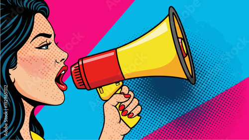 Retro woman in pop art style shouts through a yellow megaphone, announcing news or making a statement with vibrant colors.