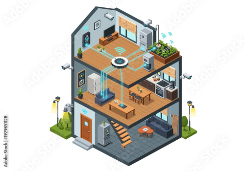 Isometric View of a Modern Three-Story House with Furnished Interior and Surrounding Garden