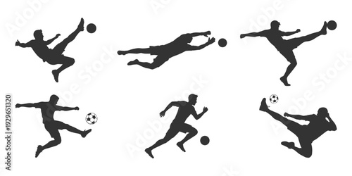 Soccer player silhouettes in different kicking and diving action poses vector.