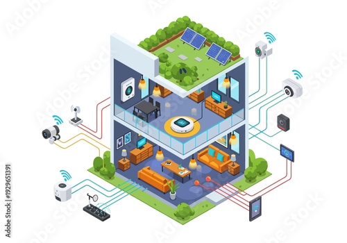 Isometric illustration of a modern smart home with automated systems and sustainable energy solutions viewed from outside