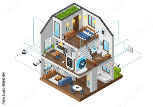 Isometric illustration of a modern house with detailed interior and exterior design viewed from above