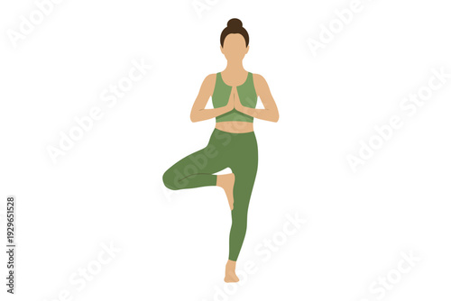 Woman practicing yoga tree pose vrikshasana exercise flat vector illustration for wellness and health.