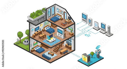 A 3D isometric illustration of a multi-story house with smart home technology and automated systems being controlled remotely