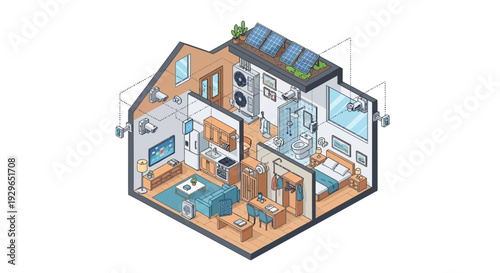 Isometric illustration of a modern house interior with furniture and solar panels on the roof