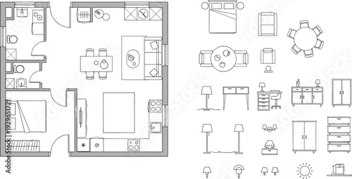 Apartment floor plan top view with furniture icons set, modern home interior layout blueprint, bedroom kitchen bathroom living room arrangement outline isolated background
