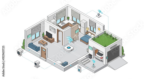 Isometric illustration of a modern smart home interior with automated systems and technology integration