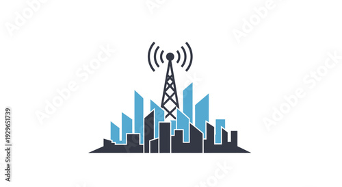 Cityscape with Communication Tower and Wireless Signal.
