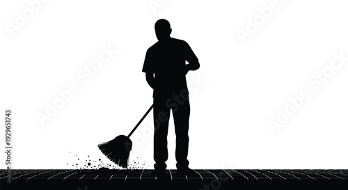 Monochromatic graphic featuring a person diligently sweeping a floor with a broom and dust