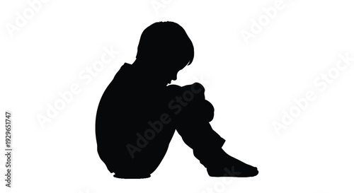 Silhouette vector graphic illustration depicting a lonely child sitting huddled in sadness against a white background