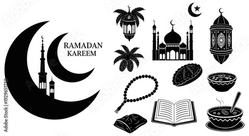 Islamic symbols and icons representing Ramadan Kareem celebration with crescent moon and traditional elements in black and white