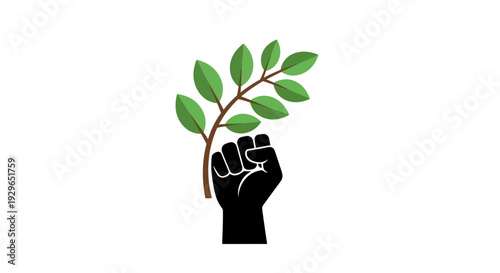 Black fist holding green leaves symbolizing environmental activism and unity.