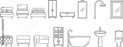 Bedroom and bathroom furniture collection, modern outline icons set including beds, wardrobe, mirror, bathtub, sink, toilet for interior design projects