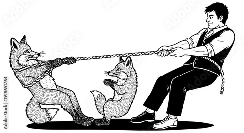 Man struggles to restrain two fierce wolves pulling on ropes in a dramatic tug of war scene full of tension and animal strength.