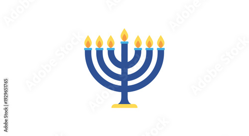 Blue Menorah with Seven Lit Candles on White Background.