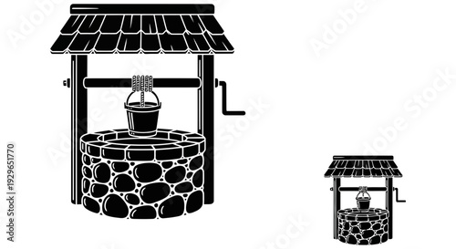 Old fashioned stone wells with wooden roofs and pulleys for drawing water illustrated in black and white with detailed textures and rustic charm