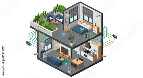 Isometric illustration of a modern smart home interior with technology integration and green spaces