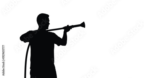 Man's silhouette vector illustration holding a garden hose with a sprinkler for watering or cleaning.