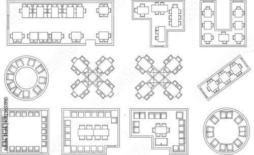Conference room layout collection, U shape round cluster classroom seating arrangement top view office meeting furniture floor plan vector outline set
