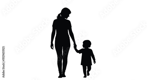 Simple black and white vector silhouette graphic design of a mother holding her child's hand